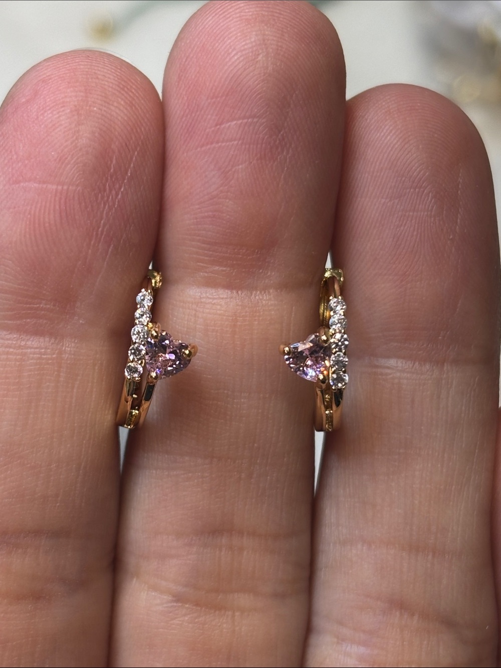 AAA CZ Pink Heart Hoop Earrings 18k Yellow Gold Filled